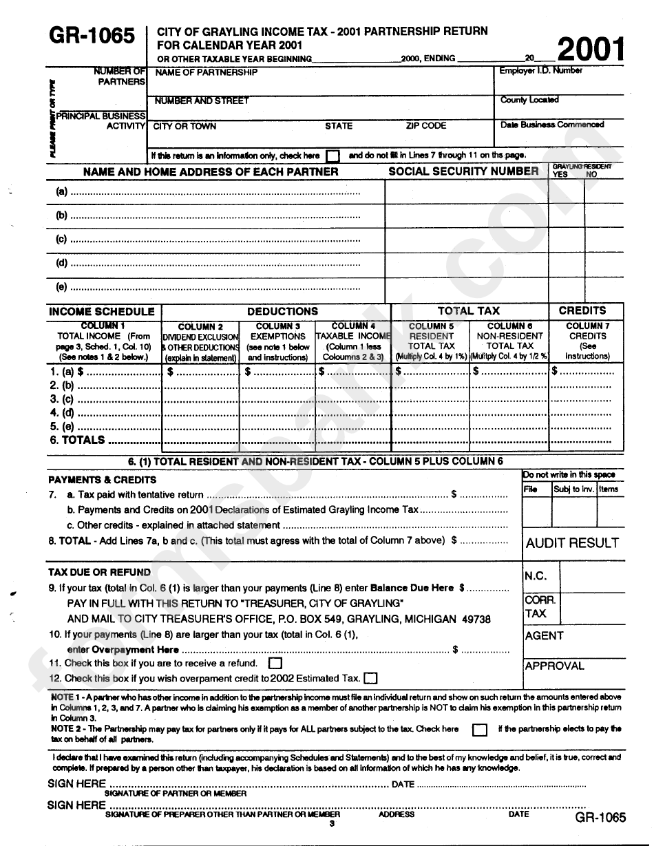 Form Gr-1065 - Partnership Return 2001