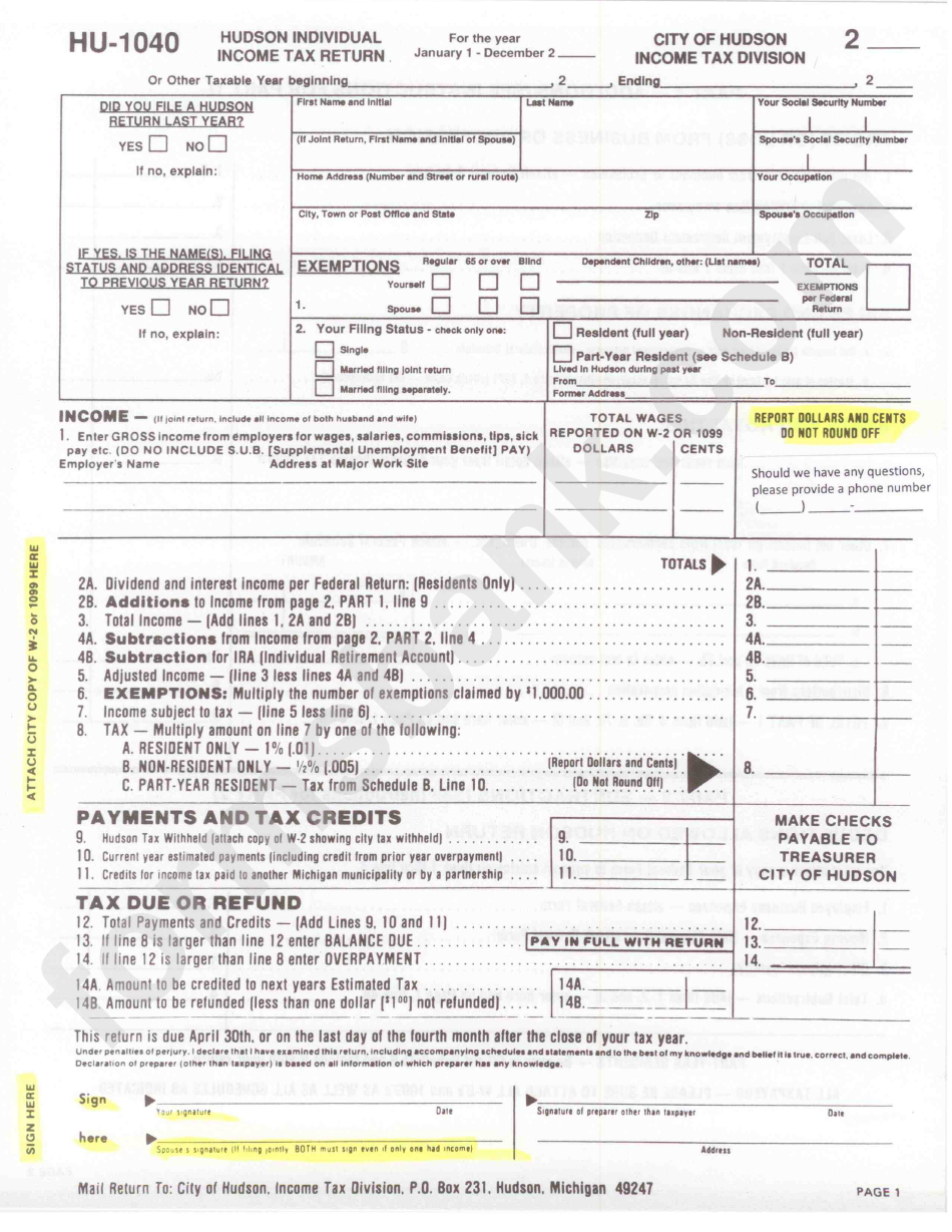 Form Hu-1040 - Individual Tax Return