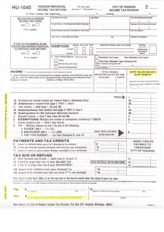 Form Hu-1040 - Individual Tax Return Printable pdf