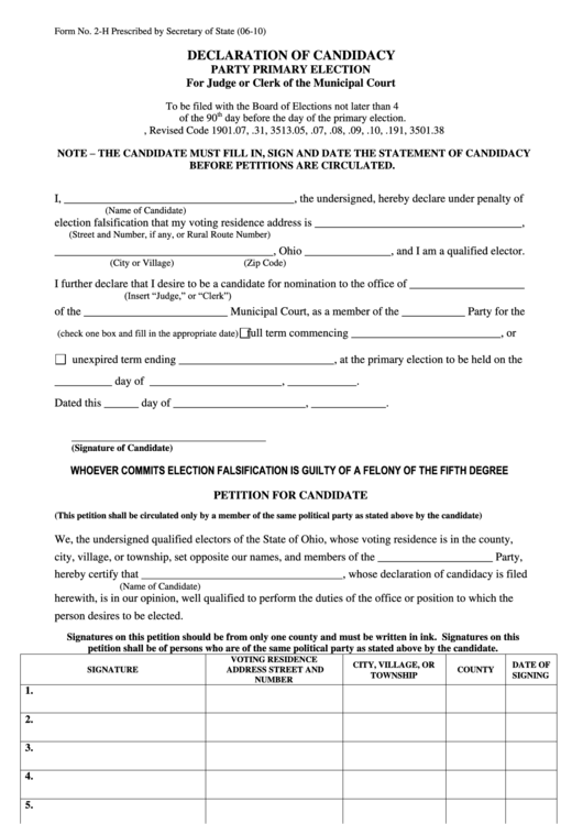Form 2-H - Declaration Of Candidacy -Party Primary Election - 2010 Printable pdf