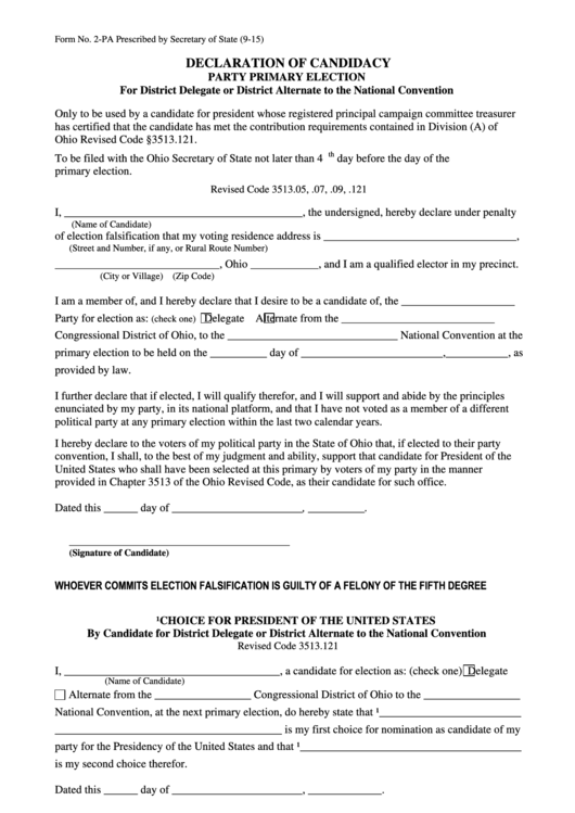 Form 2-Pa - Declaration Of Candidacy - Party Primary Election - For District Delegate Or District Alternate To The National Convention Printable pdf