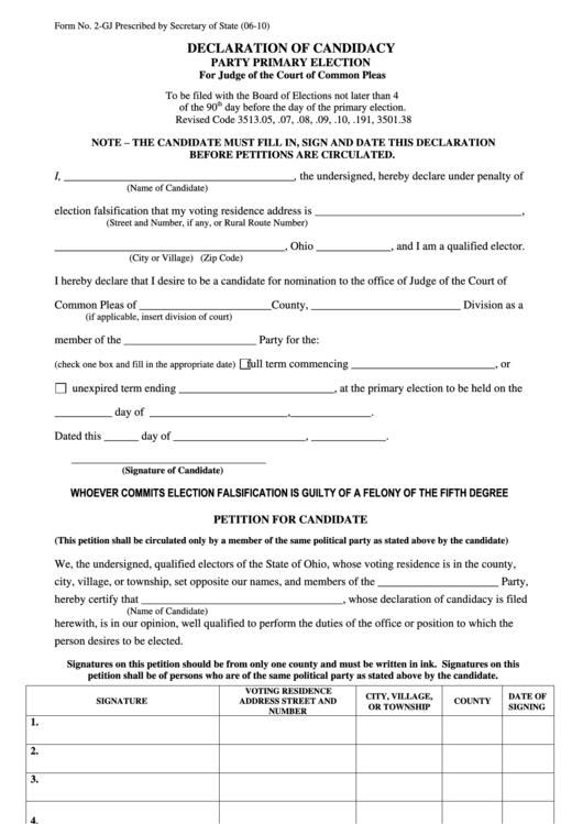 Form 2-Gj - Declaration Of Candidacy - Party Primary Election - 2010 Printable pdf
