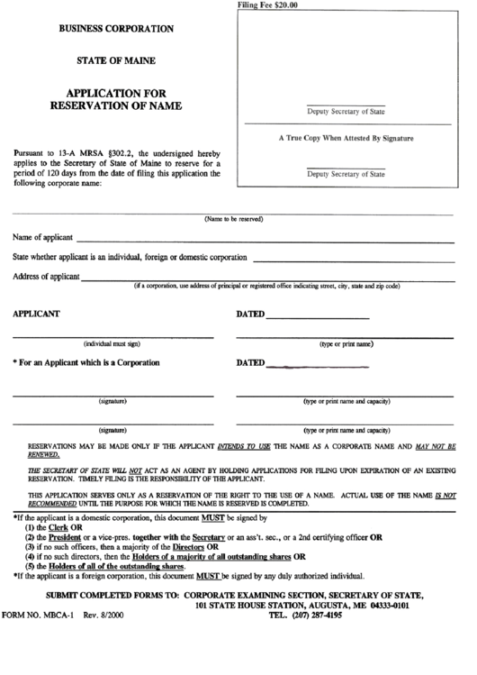 Form Mbca-L - Application For Reserv Ation Of Name - Business Corporation State Of Maine Printable pdf