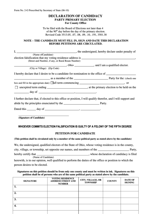 Form 2-G - Declaration Of Candidacy - Party Primary Election - 2010 Printable pdf