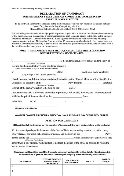 Form 2-J - Declaration Of Candidacy - State Central Committee To Be Elected At Party Primary Election - 2010 Printable pdf