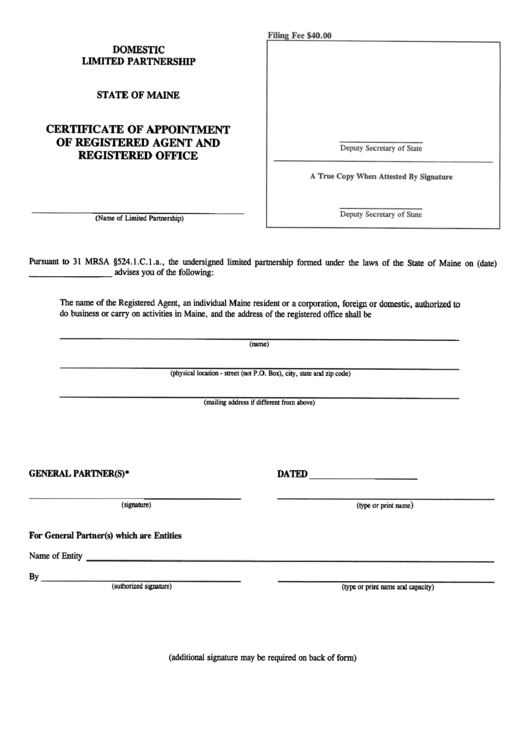 Form Mlpa-3c - Certificate Of Appointment Of Registered Agent And Reg Istered Office -Domestic Limited Partnersip Printable pdf