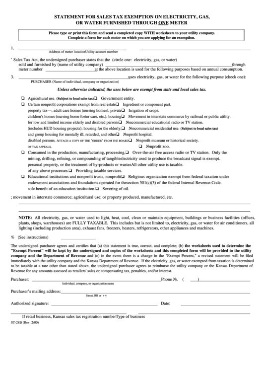 Form St-28b - Statement For Sales Tax Exemption On Electricity, Gas, Or Water Furnished Through One Meter - State Of Kansas Printable pdf