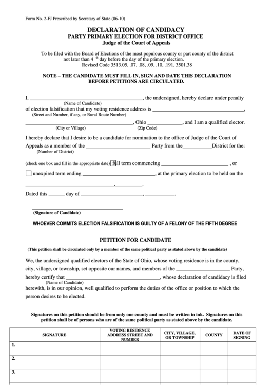 Form 2-Fj - Declaration Of Candidacy - Party Primary District Office - 2010 Printable pdf