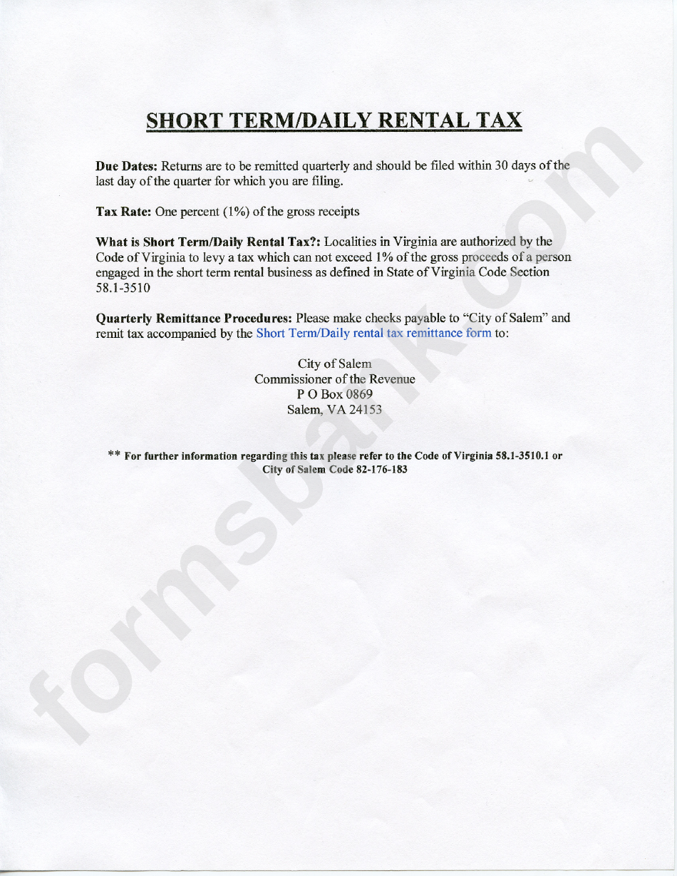 Short Term/daily Rental Tax Sheet printable pdf download