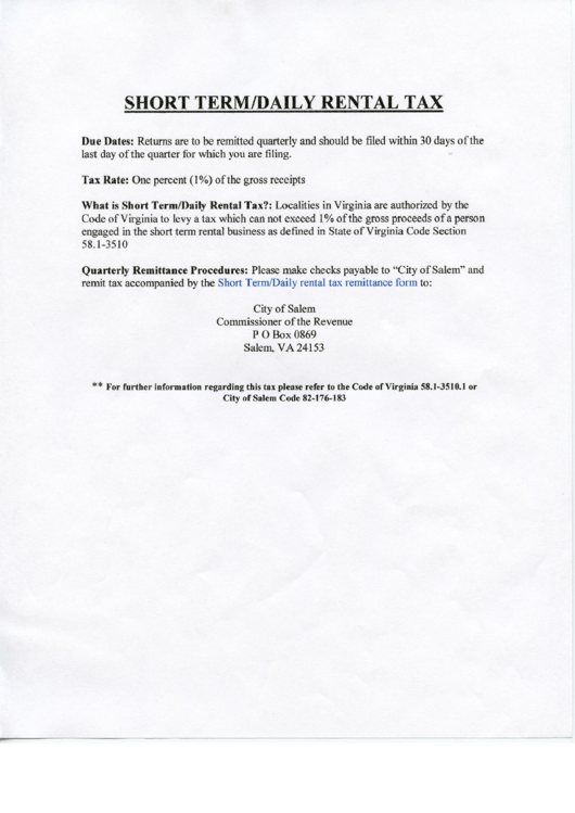 Short Term/daily Rental Tax Sheet printable pdf download