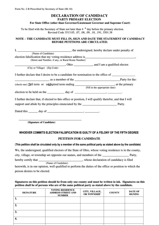 Form 2-B - Declaration Of Candidacy - Party Primary Election - 2010 Printable pdf