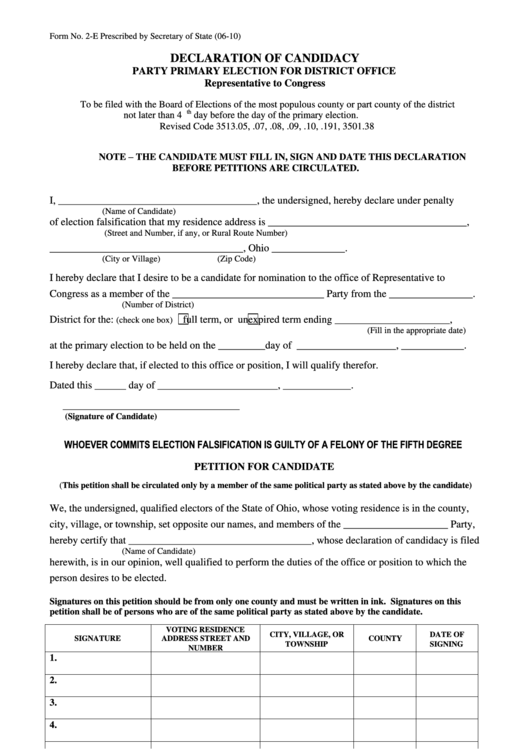 Form 2-E - Declaration Of Candidacy - Party Primary Election For District Office - 2010 Printable pdf
