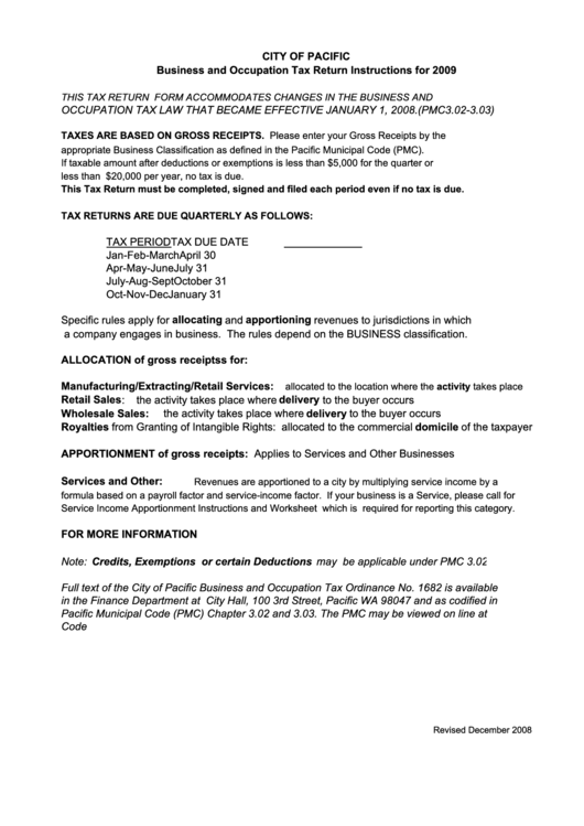 Business And Occupation Tax Return Instructions For 2009 Sheet Printable pdf