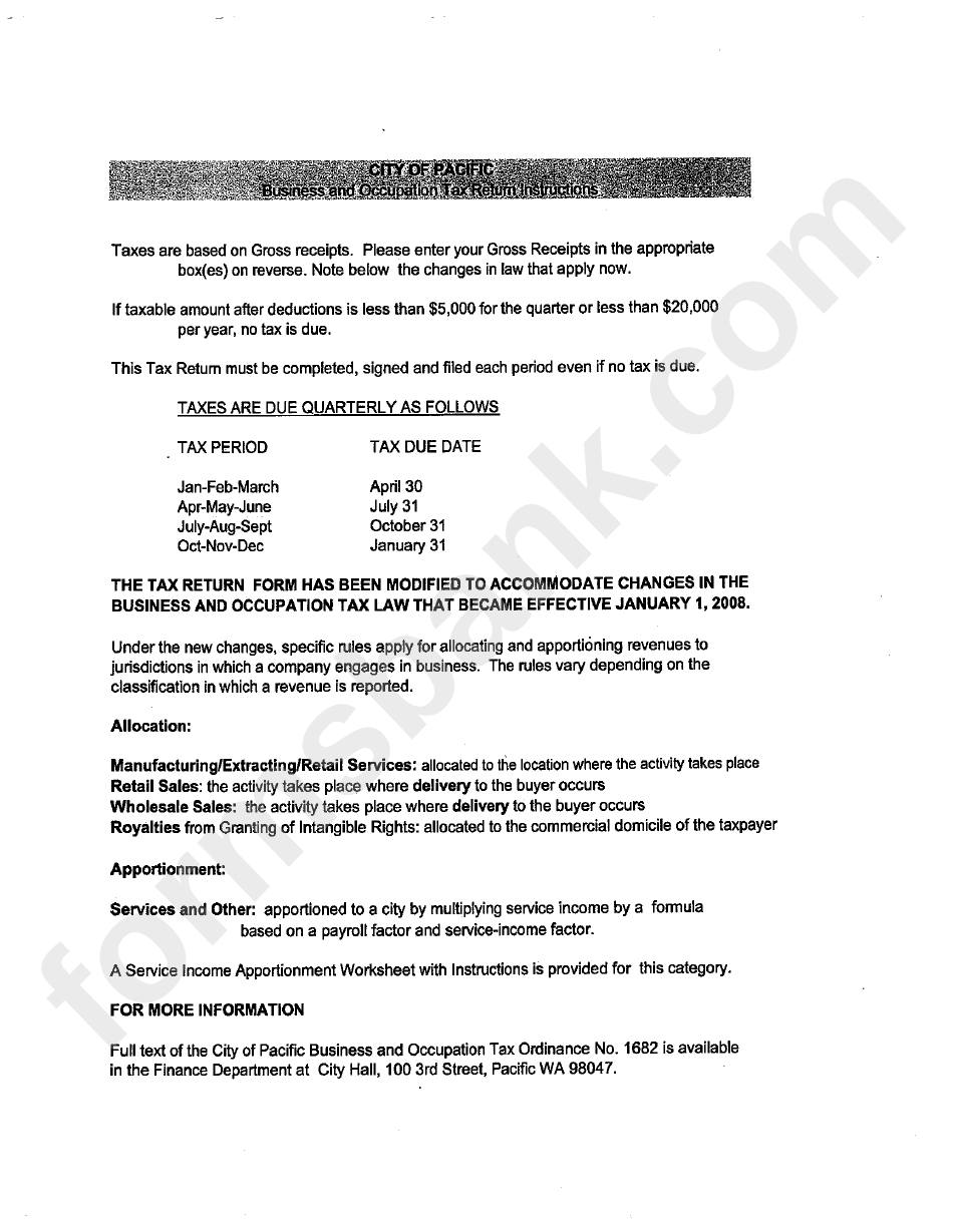 Business And Occupation Tax Return Instructions For 2009 Sheet