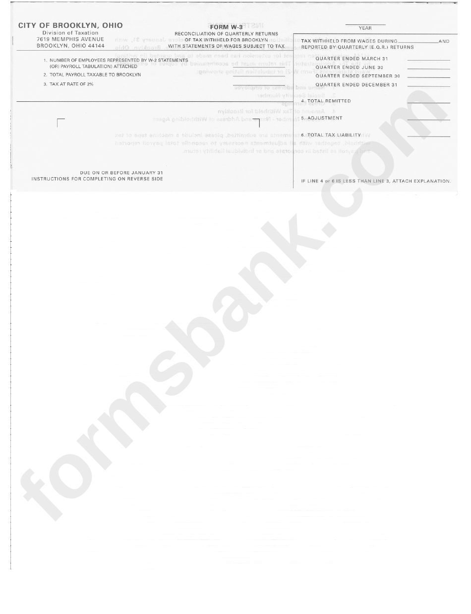 Form W-3 - Reconciliation Of Quarterly Returns Of Tax Withheld - Division Of Taxation Ohio