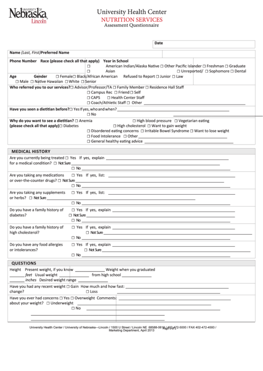 Fillable Nutrition Services Assesment Questionnaire Form Printable pdf