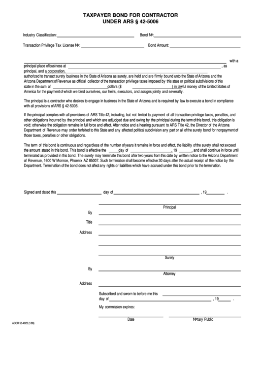 Form Ador 50-4023 - Taxpayer Bond For Contractor printable pdf download