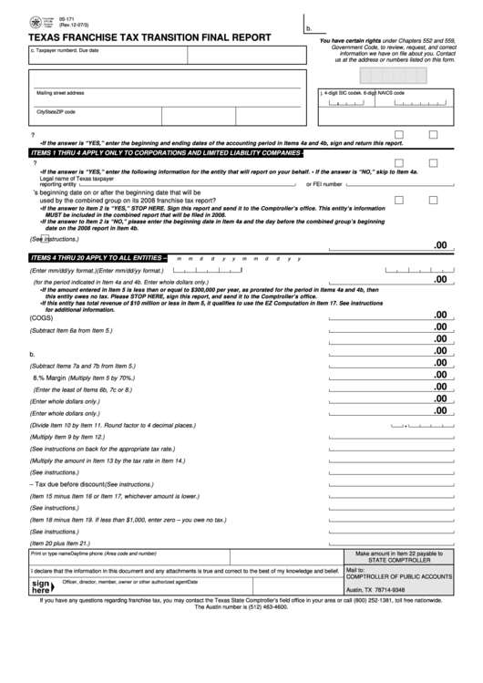 Fillable Form 05-171 - Texas Franchise Tax Transition Final Report - 2007 Printable pdf