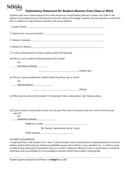 Fillable Explanatory Statement For Student Absence From Class Or Work Printable pdf