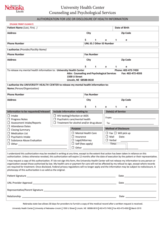 Fillable Authorization Form For Release Of Information - Counseling And Psychological Services Printable pdf