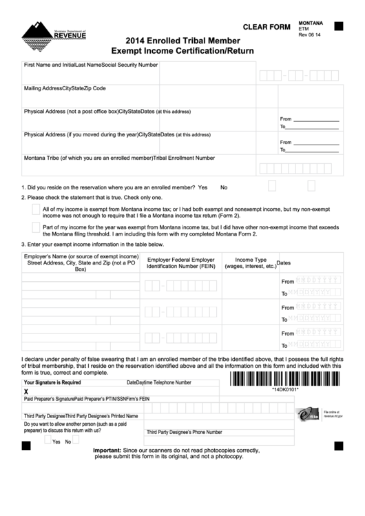 Fillable Montana Form Etm - Enrolled Tribal Member Exempt Income Certification/return - 2014 Printable pdf
