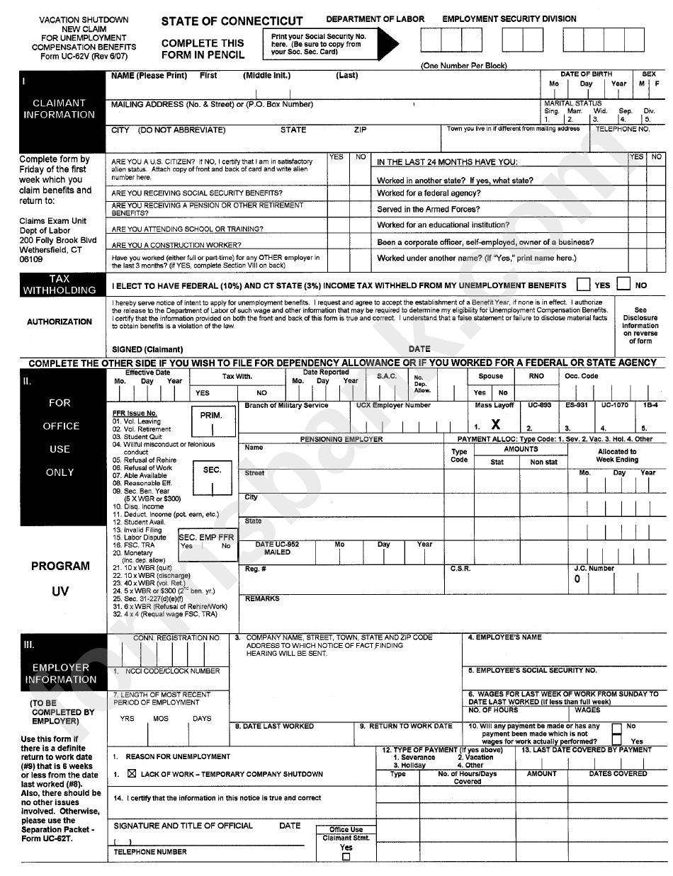 Form Uc-62v - Vacation Shutdown New Claim For Unemployment Compensation Benefits - 2007