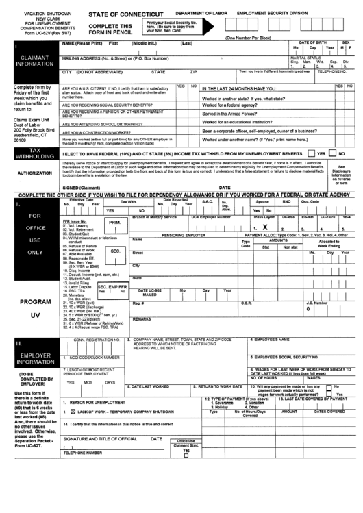 Form Uc-62v - Vacation Shutdown New Claim For Unemployment Compensation Benefits - 2007 Printable pdf