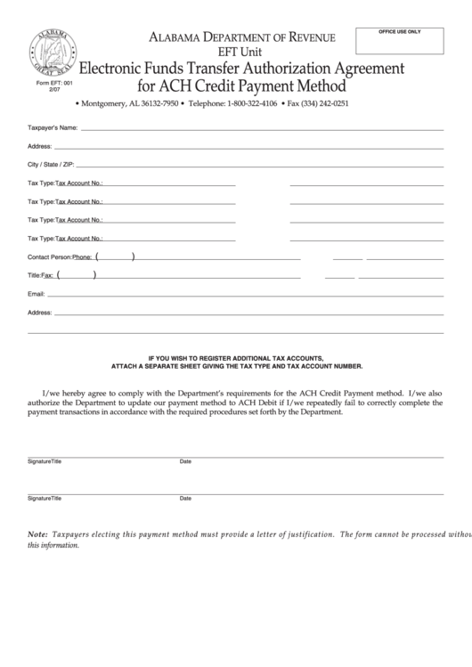 Fillable Form Eft-001 - Electronic Funds Transfer Authorization Agreement For Ach Credit Payment Method - 2007 Printable pdf