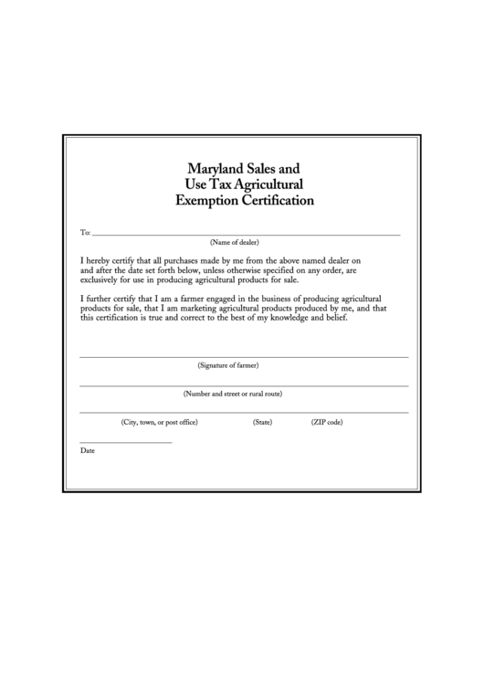 Sales And Use Tax Agricultural Exemption Certificate Form - Sample - 2007 Printable pdf