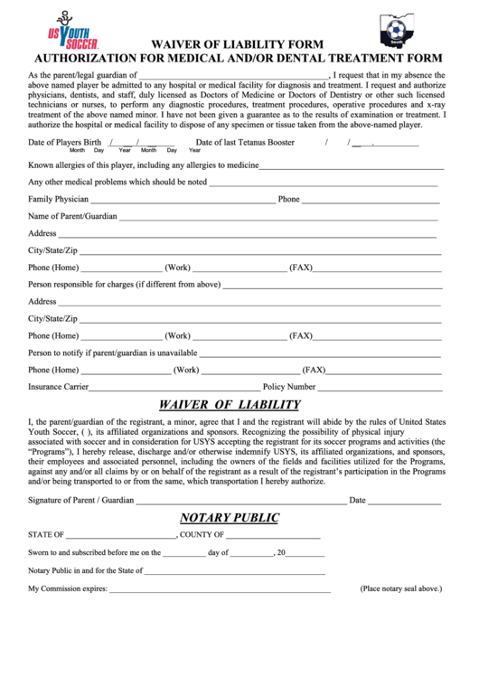 Waiver Of Liability Form - Authorization For Medical And/or Dental Treatment Form Printable pdf