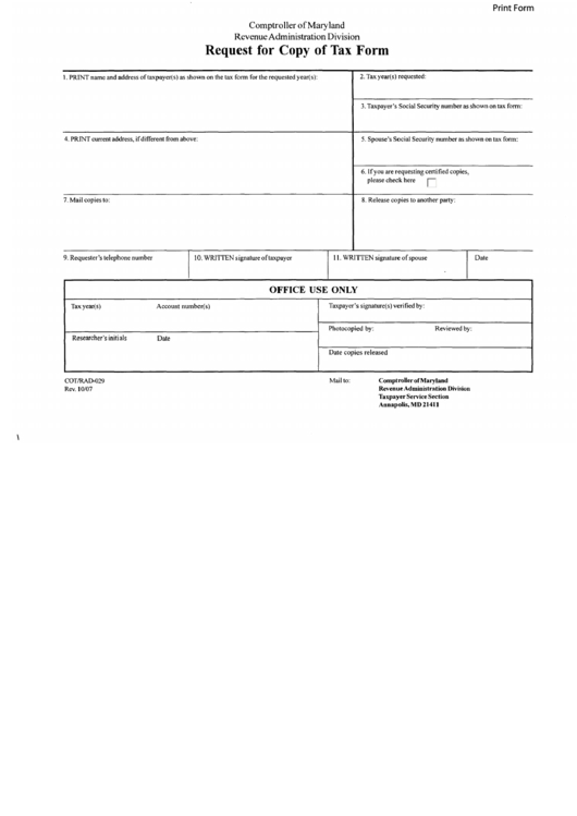 Fillable Request For Copy Of Tax Form - 2007 Printable pdf