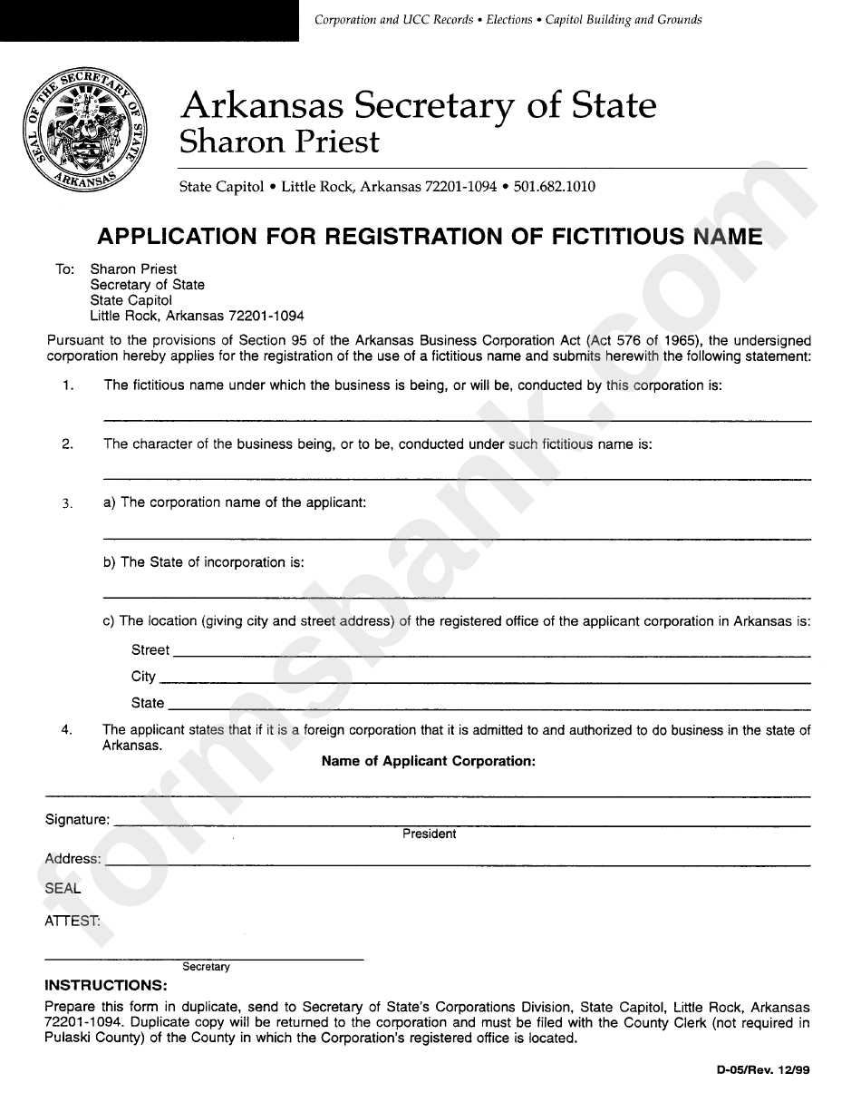 Form D-05 - Application For Registration Of Fictitious Name - Aakransas Secretary Of State
