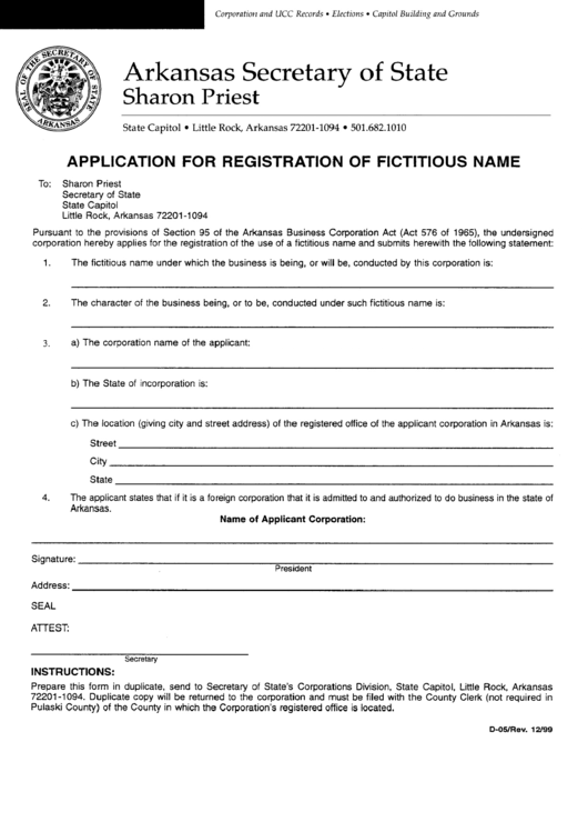 Form D-05 - Application For Registration Of Fictitious Name - Aakransas Secretary Of State Printable pdf