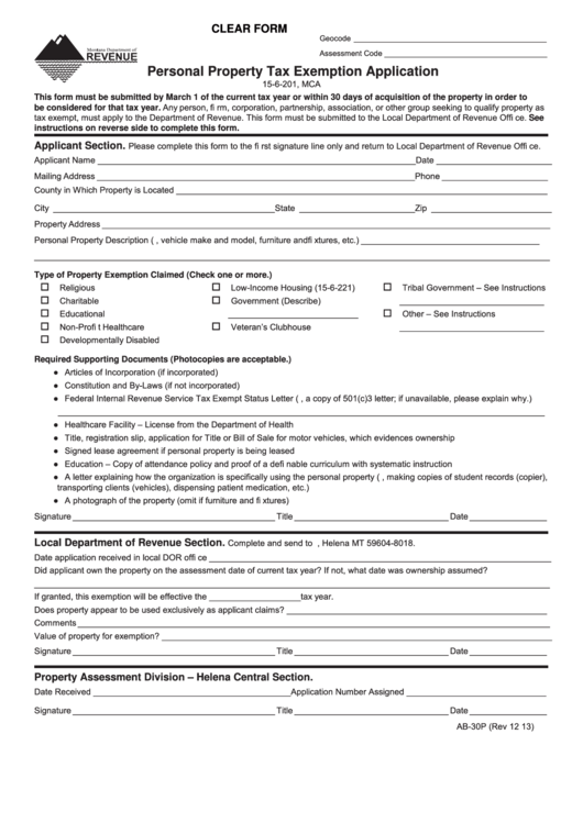 Fillable Form Ab-30p - Personal Property Tax Exemption Application Form - State Of Montana Printable pdf