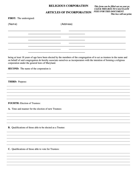 Fillable Articles Of Incorporation Form - Religious Corporation Printable pdf
