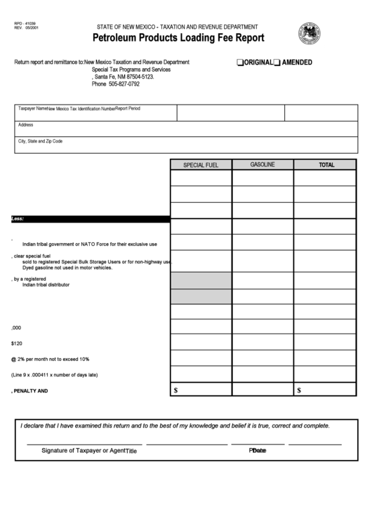 Form Rpd-41039 - Petrolium Products Loading Fee Report - State Of New Mexico Printable pdf