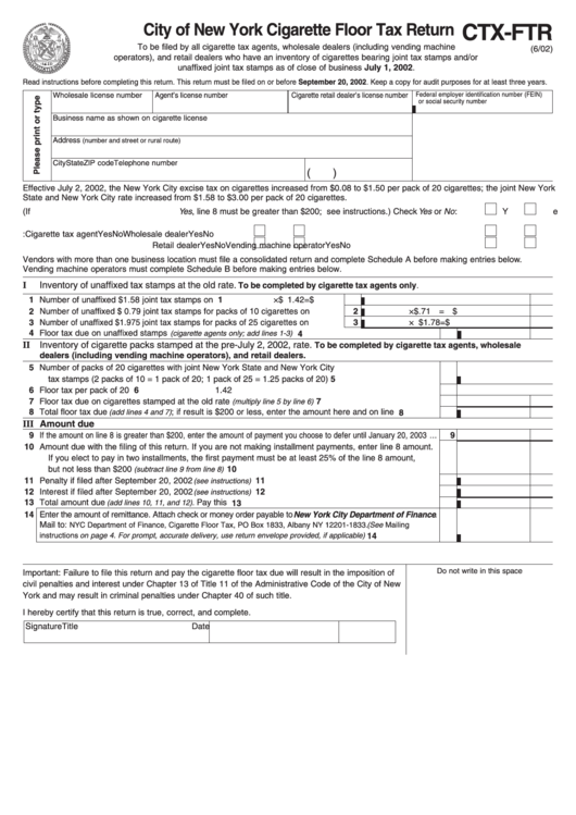 Form Ctx-Ftr - City Of New York Cigarette Floor Tax Return - 2002 Printable pdf
