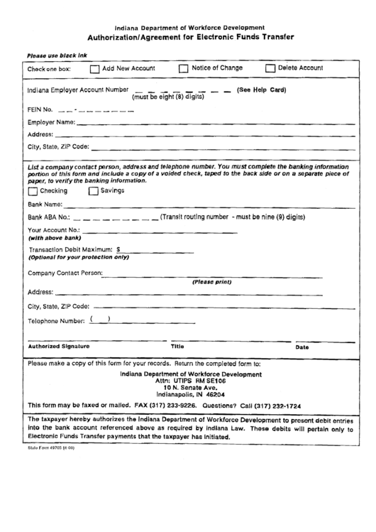 State Form 49705 - Authorization/agreement For Electronic Funds Transfer - 2000 Printable pdf