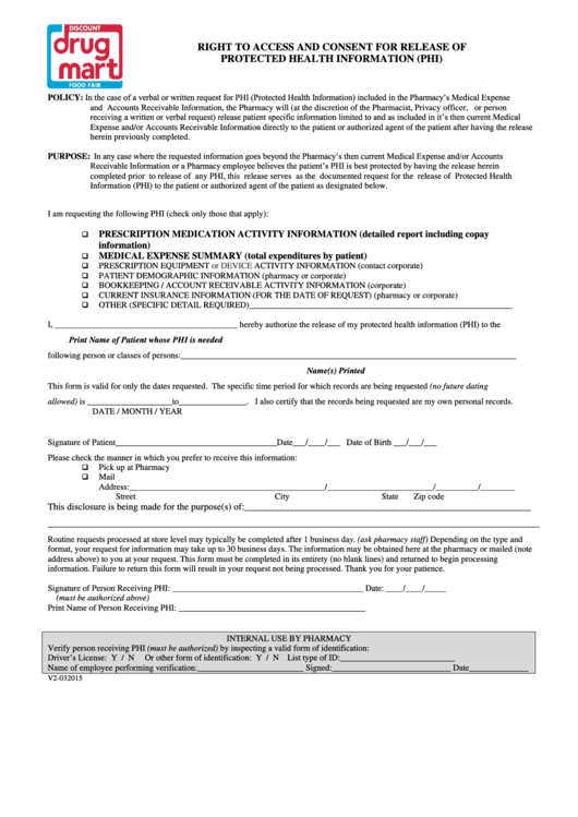 Form V2-03-2015 - Right To Access And Consent For Release Of Protected Health Information (Phi) Form Printable pdf