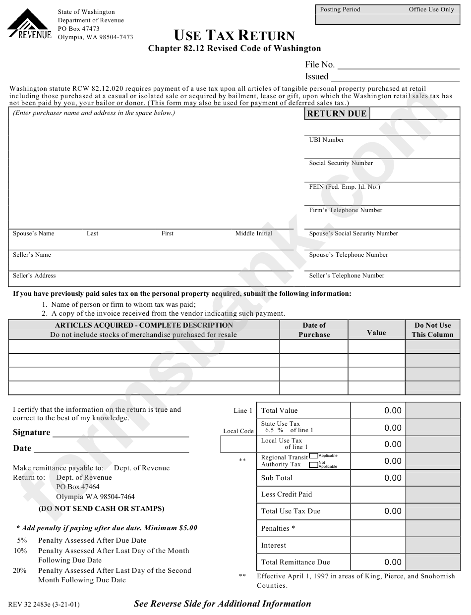 Form Rev 32 2483e - Use Tax Return - Department Of Revenue