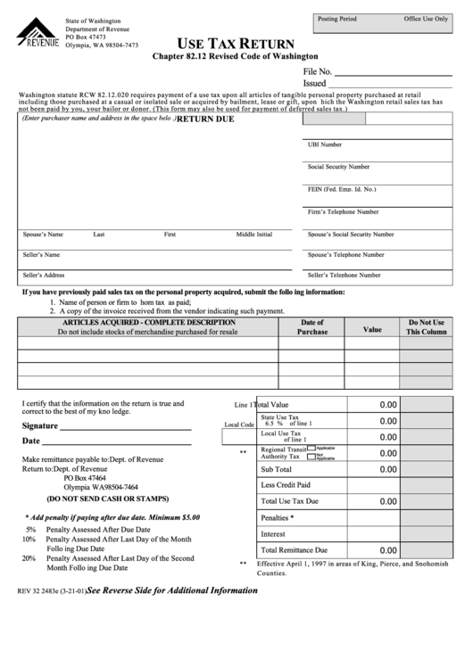 Form Rev 32 2483e - Use Tax Return - Department Of Revenue Printable pdf