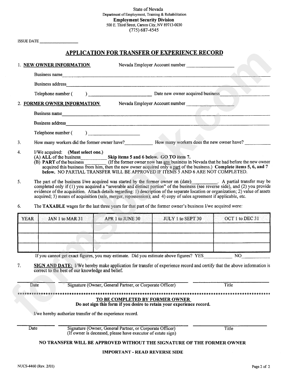 Application For Transfer Of Experience Record Form - 2001