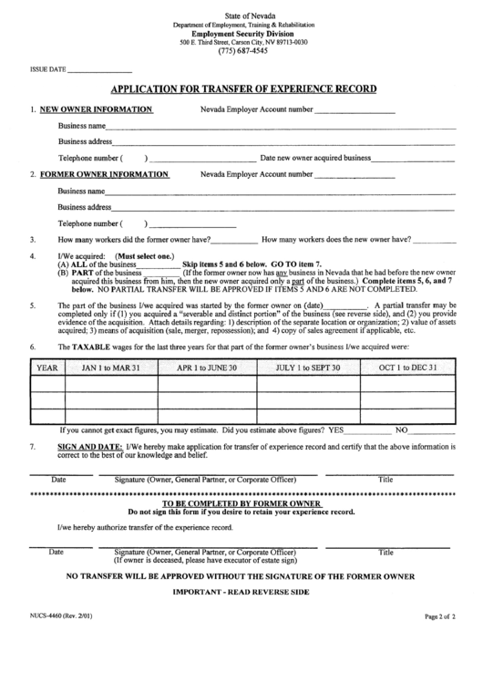 Application For Transfer Of Experience Record Form - 2001 Printable pdf
