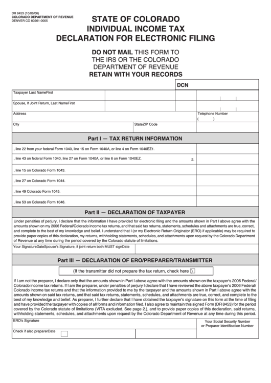 Form Dr 8453 - State Of Colorado Individual Income Tax Declaration For Electronic Filing Printable pdf