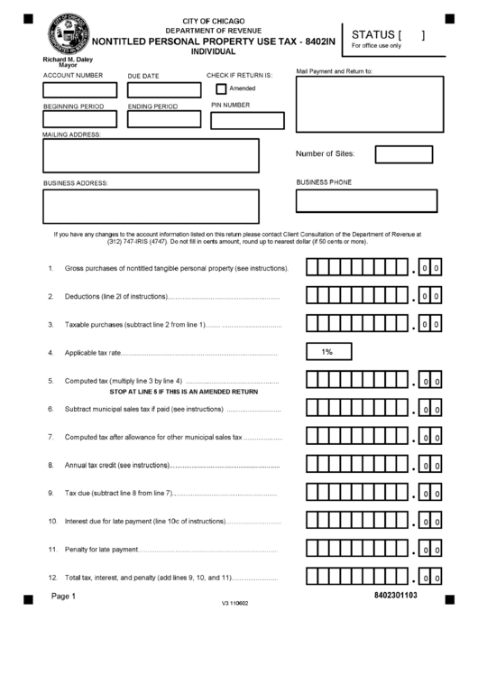 Form 8402in - Nontitled Personal Property Use Tax - Individual Printable pdf