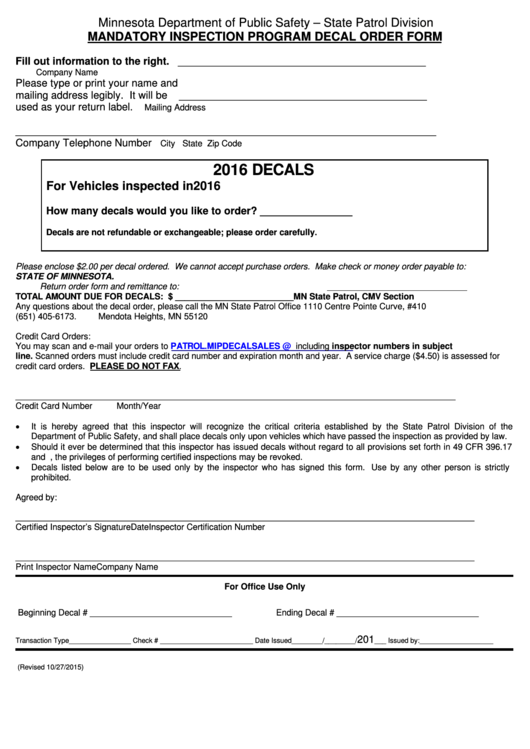 Fillable Mandatory Inspection Program Decal Order Form Printable pdf