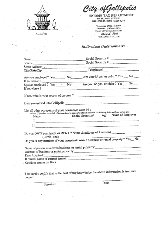 Individual Questionnaire Form - State Of Ohio Printable pdf