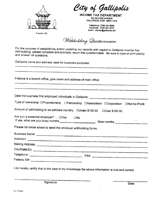 Withholding Questionnaire Form - State Of Ohio printable pdf download