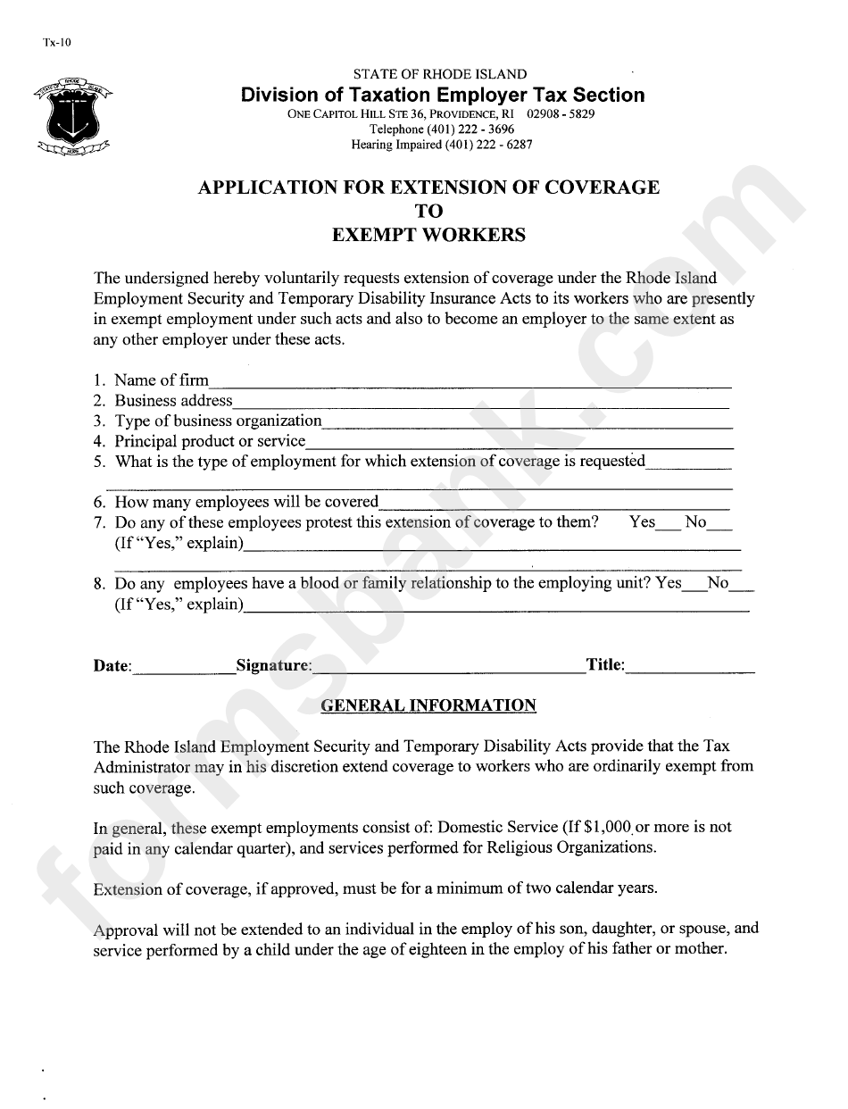 Application For Extension Of Coverage To Exempt Workers - State Of Rhode Island Division Of Taxation Employer Tax Section