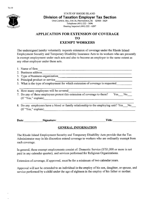 Application For Extension Of Coverage To Exempt Workers - State Of Rhode Island Division Of Taxation Employer Tax Section Printable pdf